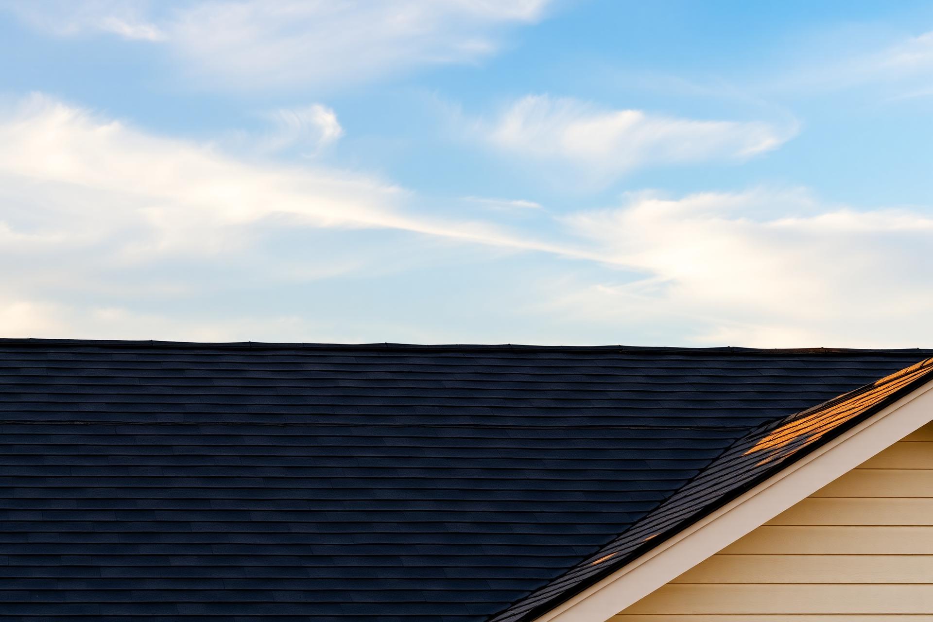 Freshly installed dark asphalt shingle roof at golden hour